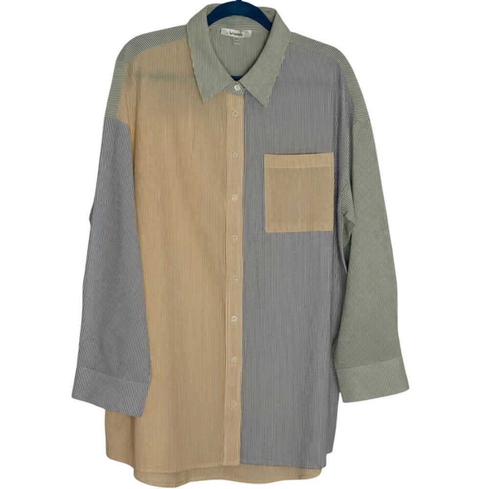 Lalavon Button Front Shirt Top Blouse Color Block Pinstripe Womens M